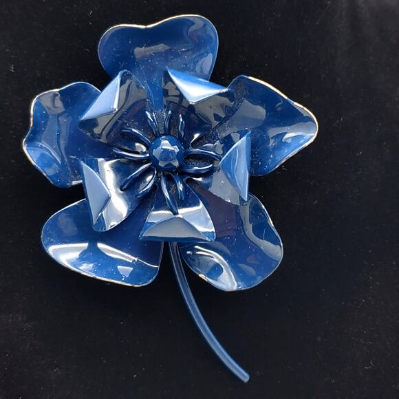 Navy Blue Flower Power Brooch Enamel Metal Pin Hippie Vintage 70s Large 3 1/2" - Picture 7 of 7